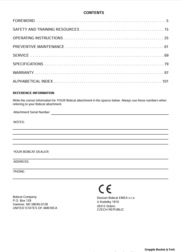 BOBCAT GRAPPLE BUCKET AND FORK (6989426ENGB) OPERATION & MAINTENANCE MANUAL PDF FILE