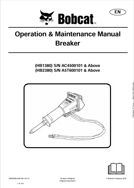 BOBCAT HB1380, HB2380 BREAKER OPERATION & MAINTENANCE MANUAL (6904928) - PDF FILE