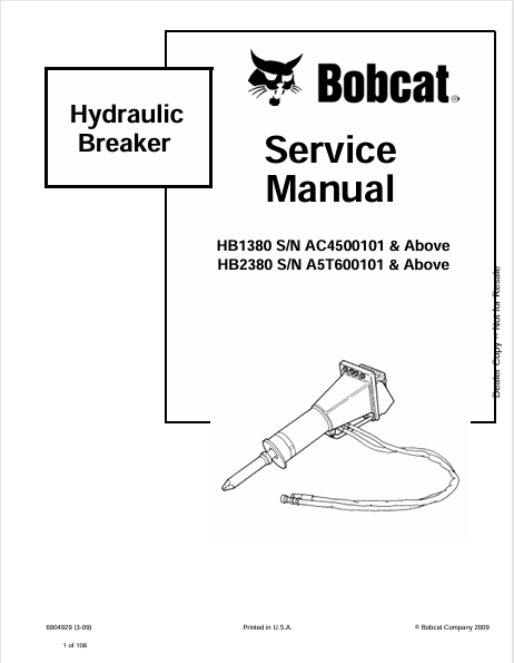 BOBCAT HB1380, HB2380 HYDRAULIC BREAKER SERVICE MANUAL (6904929) - PDF FILE