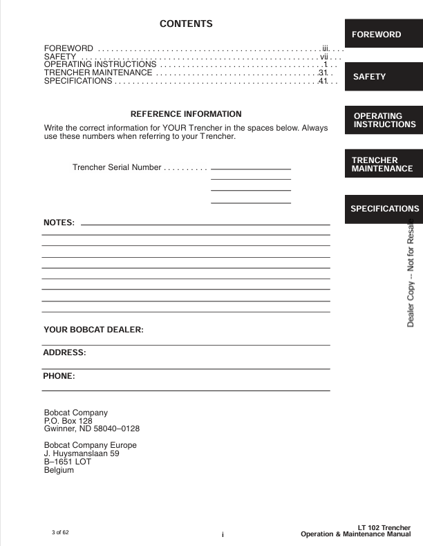 BOBCAT LT102 TRENCHER (6901226) OPERATION & MAINTENANCE MANUAL PDF DOWNLOAD