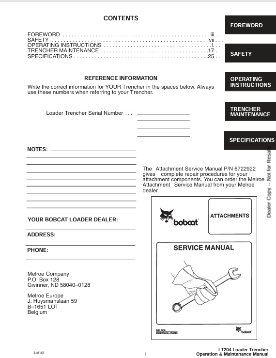 BOBCAT LT204 LOADER TRENCHER (6722613) OPERATION AND MAINTENANCE MANUAL PDF FILE