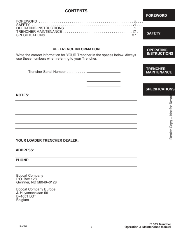 BOBCAT LT303 TRENCHER (6901765) OPERATION AND MAINTENANCE MANUAL PDF FILE