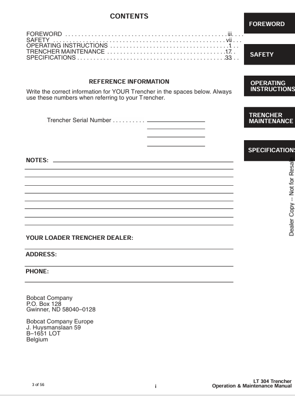 BOBCAT LT304 TRENCHER (6901030) OPERATION AND MAINTENANCE MANUAL PDF FILE