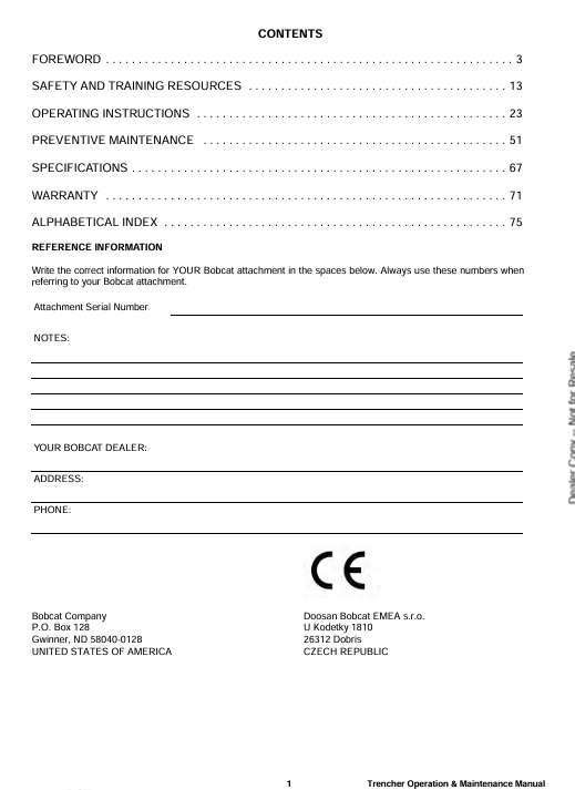 BOBCAT LT405 TRENCHER (6722909ENGB) OPERATION & MAINTENANCE MANUAL PDF DOWNLOAD