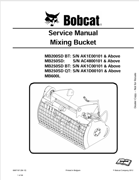 BOBCAT MB200SD BT, MB250SD, MB250SD BT, MB250SD QT, MB600L MIXING BUCKET SERVICE MANUAL (6987187) - PDF FILE