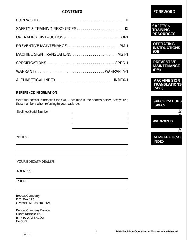 BOBCAT MO6 BACKHOE (6902861) OPERATION AND MAINTENANCE MANUAL PDF FILE