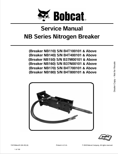BOBCAT NB110, NB140, NB150, NB160, NB170, NB180 NB SERIES NITROGEN BREAKER SERVICE MANUAL (7357566) - PDF FILE