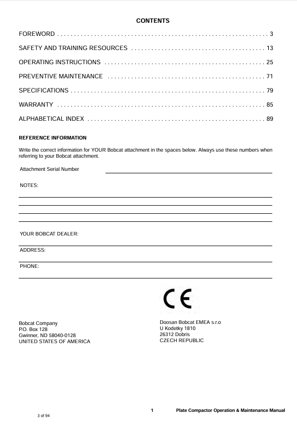 BOBCAT PC30, PC60, PC62 PLATE COMPACTOR (6900777ENGB) OPERATION & MAINTENANCE MANUAL PDF FILE