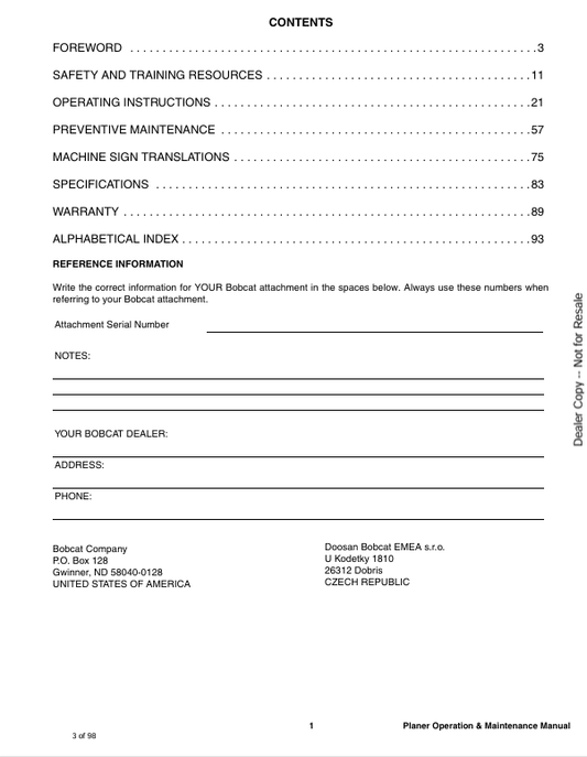BOBCAT 18PLA, 24PLA, PNSFL PLANER (6989704ENUS) OPERATION & MAINTENANCE MANUAL PDF FILE