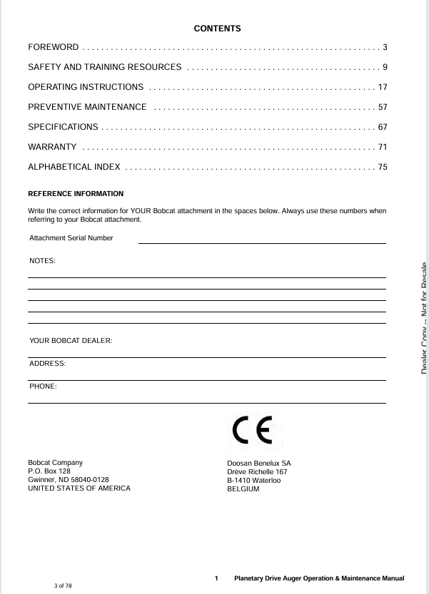BOBCAT PR3, PS5, PS7 PLANETARY DRIVE AUGER (6990974) OPERATION AND MAINTENANCE MANUAL PDF FILE