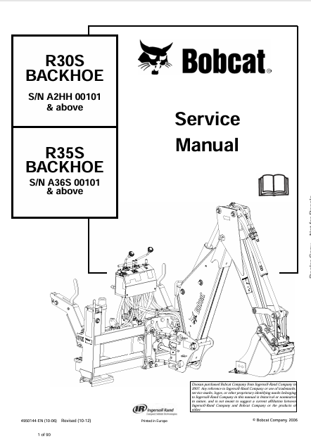 BOBCAT R30S BACKHOE, R35S BACKHOE SERVICE MANUAL (4950144) - PDF FILE