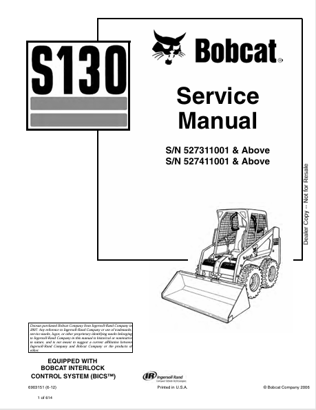 BOBCAT S130 SERVICE MANUAL (6903151) - PDF FILE