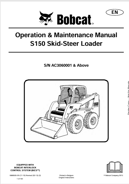 BOBCAT S150 SKID-STEER LOADER OPERATION & MAINTENANCE MANUAL (6986926) - PDF FILE