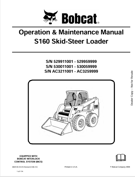 BOBCAT S160 SKID-STEER LOADER OPERATION & MAINTENANCE MANUAL (6904128) - PDF FILE