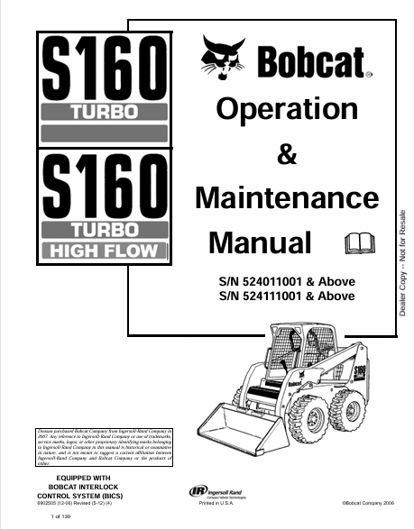 BOBCAT S160 TURBO, S160 TURBO HIGH FLOW OPERATION & MAINTENANCE MANUAL (6902505) - PDF FILE