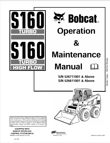 BOBCAT S160 TURBO, S160 TURBO HIGH FLOW OPERATION & MAINTENANCE MANUAL (6902686) - PDF FILE
