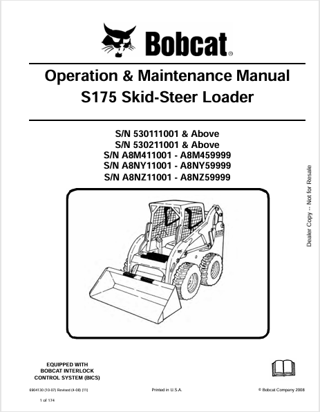BOBCAT S175 SKID-STEER LOADER OPERATION & MAINTENANCE MANUAL (6904130) - PDF FILE
