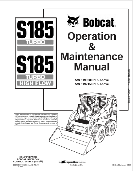 BOBCAT S185 TURBO, S185 TURBO HIGH FLOW OPERATION & MAINTENANCE MANUAL (6901831) - PDF FILE