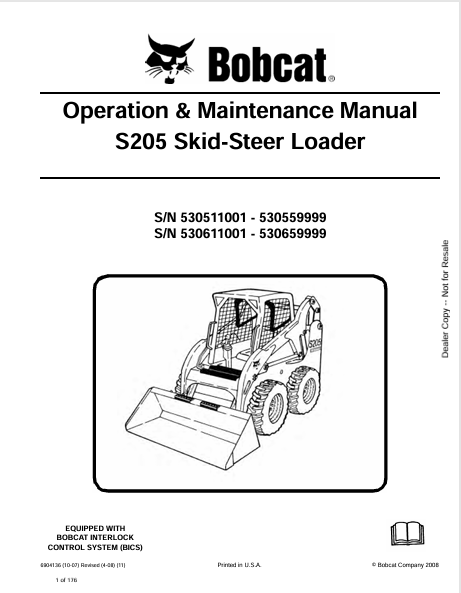 BOBCAT S205 SKID-STEER LOADER OPERATION & MAINTENANCE MANUAL (6904136) - PDF FILE