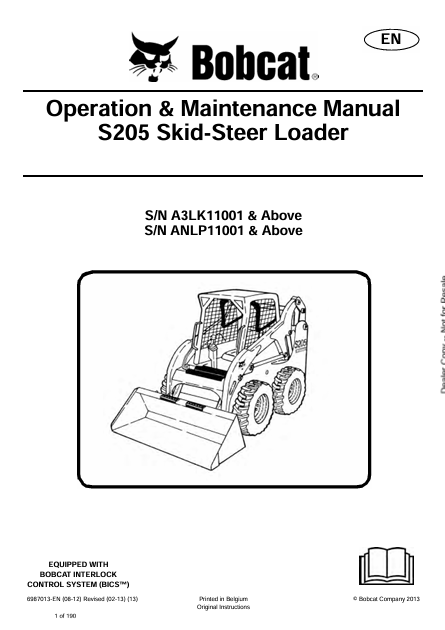 BOBCAT S205 SKID-STEER LOADER OPERATION & MAINTENANCE MANUAL (6987013) - PDF FILE