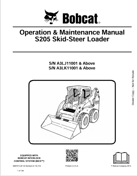 BOBCAT S205 SKID-STEER LOADER OPERATION & MAINTENANCE MANUAL (6987013) - PDF FILE