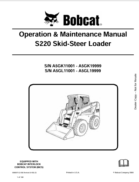 BOBCAT S220 SKID-STEER LOADER OPERATION & MAINTENANCE MANUAL (6986970) - PDF FILE