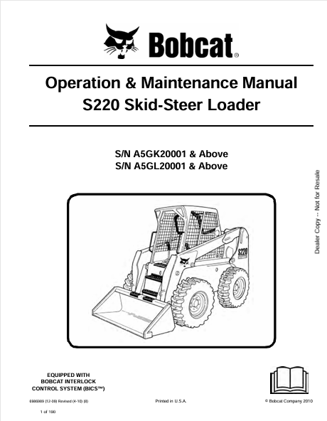 BOBCAT S220 SKID-STEER LOADER OPERATION & MAINTENANCE MANUAL (6986989) - PDF FILE