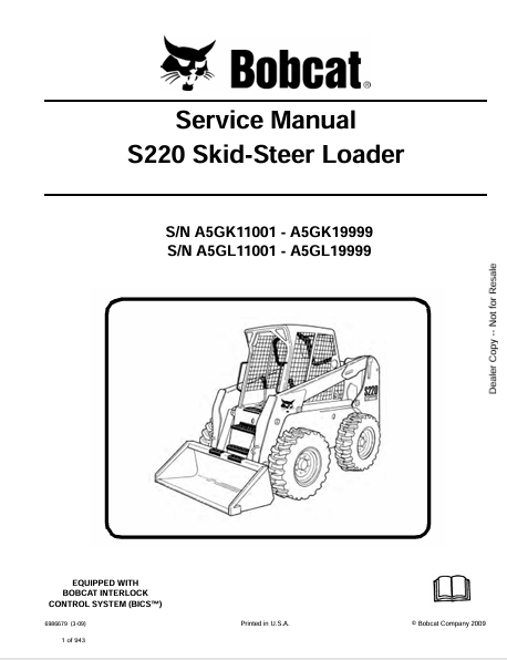 BOBCAT S220 SKID-STEER LOADER SERVICE MANUAL (6986679) - PDF FILE