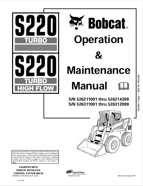 BOBCAT S220 TURBO, S220 TURBO HIGH FLOW OPERATION & MAINTENANCE MANUAL (6902696) - PDF FILE