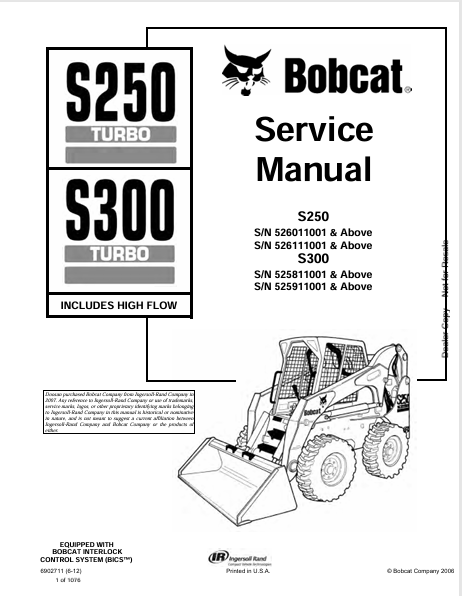 BOBCAT S250, S300 SERVICE MANUAL (6902711) - PDF FILE