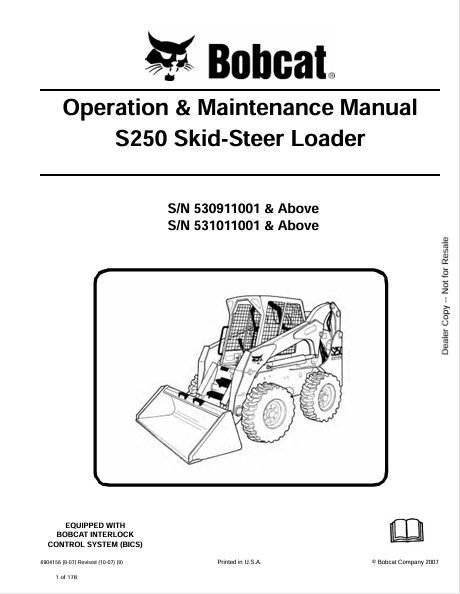 Bobcat S250 Skid-Steer Loader Operation and Maintenance Manual 6904156 PDF
