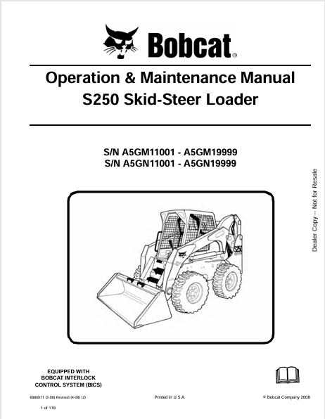 BOBCAT S250 SKID-STEER LOADER OPERATION & MAINTENANCE MANUAL (6986971) - PDF FILE