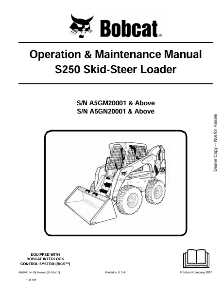 BOBCAT S250 SKID-STEER LOADER OPERATION & MAINTENANCE MANUAL (6986991) - PDF FILE