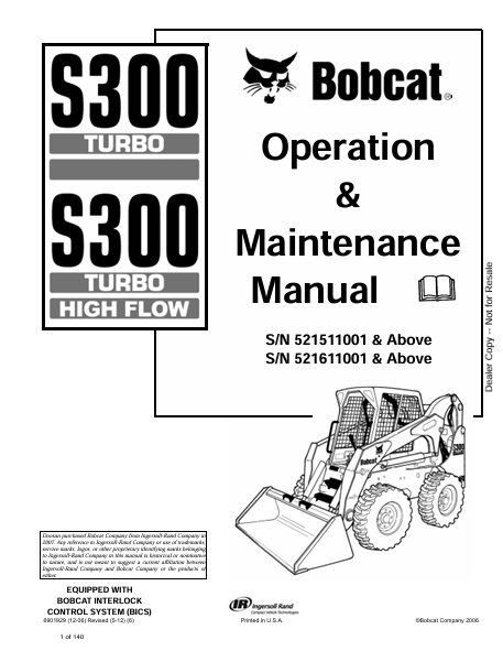 BOBCAT S300 TURBO, S300 TURBO HIGH FLOW OPERATION & MAINTENANCE MANUAL (6901929) - PDF FILE