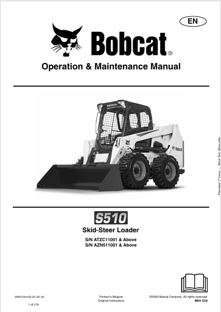 BOBCAT S510 SKID-STEER LOADER OPERATION & MAINTENANCE MANUAL (6990216) - PDF FILE