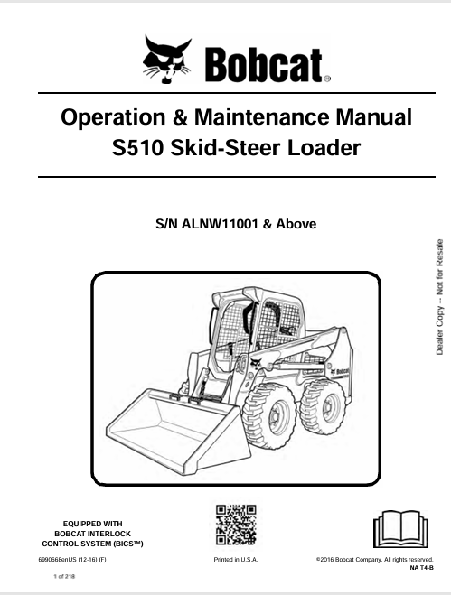 BOBCAT S510 SKID-STEER LOADER OPERATION & MAINTENANCE MANUAL (6990668) - PDF FILE