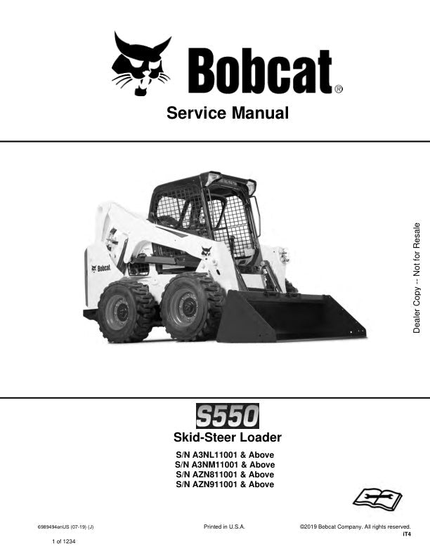 BOBCAT S550 SKID-STEER LOADER SERVICE MANUAL 6989494 (07-19) - PDF FILE