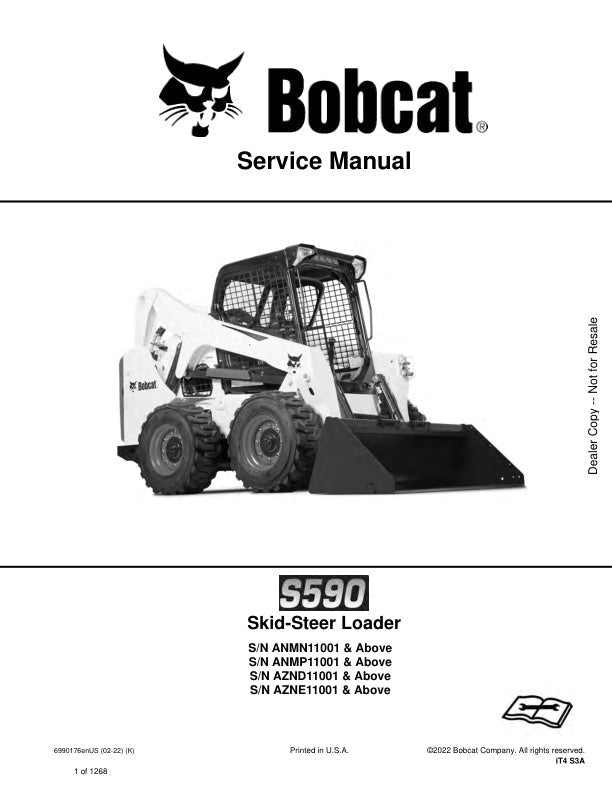 BOBCAT S590 ANMN11001 ANMP11001 AZND11001 AZNE11001 & UP SKID-STEER LOADER SERVICE MANUAL 6990176 (02-22) - PDF FILE