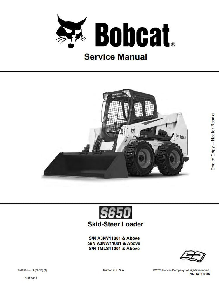 BOBCAT S650 A3NV11001 A3NW11001 1MLS11001 & UP SKID-STEER LOADER SERVICE MANUAL 6987168 - PDF FILE