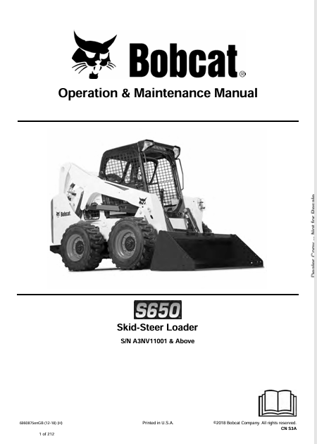 BOBCAT S650 SKID-STEER LOADER OPERATION & MAINTENANCE MANUAL (6990875) - PDF FILE