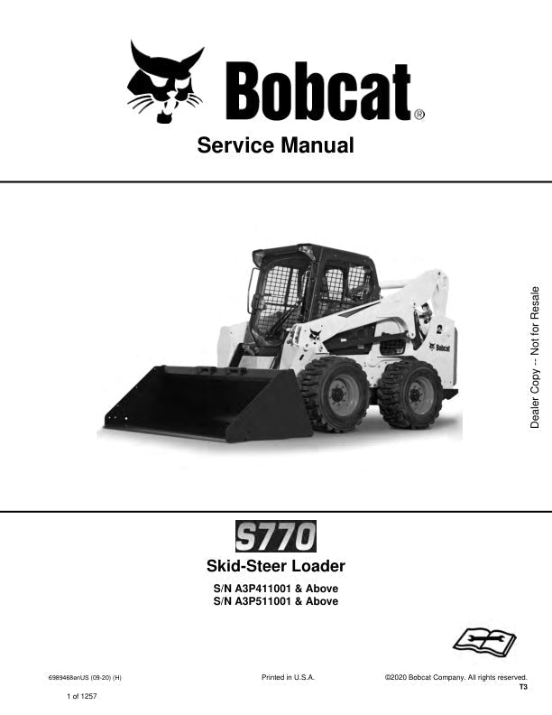 BOBCAT S770 A3P411001 A3P511001 & UP SKID-STEER LOADER SERVICE MANUAL 6989468 - PDF FILE