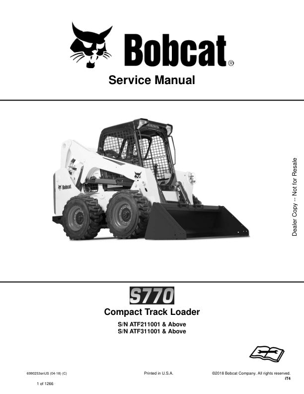 BOBCAT S770 ATF211001 ATF311001 & UP LOADER SERVICE MANUAL 6990253 - PDF FILE