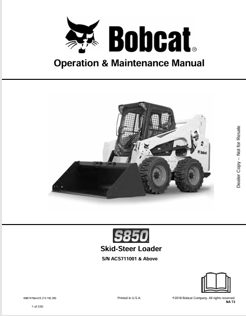BOBCAT S850 SKID-STEER LOADER OPERATION & MAINTENANCE MANUAL (6987478) - PDF FILE