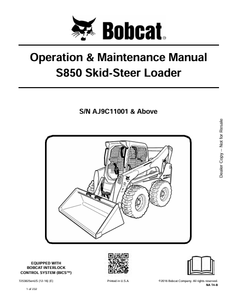 BOBCAT S850 SKID-STEER LOADER OPERATION & MAINTENANCE MANUAL (7253825) - PDF FILE