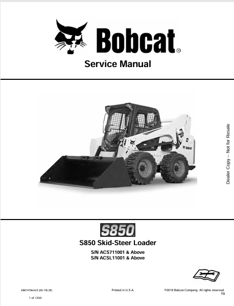BOBCAT S850 SKID-STEER LOADER SERVICE MANUAL (6987479) - PDF FILE