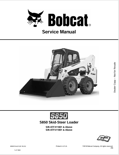 BOBCAT S850 SKID-STEER LOADER SERVICE MANUAL (6990257) - PDF FILE