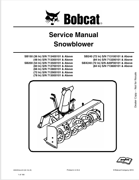 BOBCAT SB150, SB200, SB240, SBX240 SNOWBLOWER SERVICE MANUAL (6902054) - PDF FILE