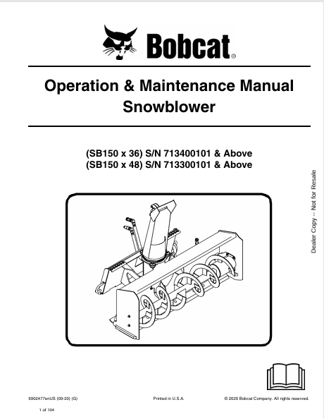 BOBCAT SB150 x 36, SB150 x 48 SNOWBLOWER OPERATION & MAINTENANCE MANUAL (6902477) - PDF FILE