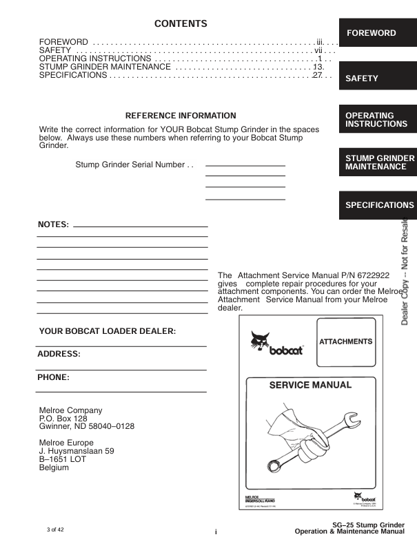 BOBCAT SG-25 STUMP GRINDER (6724382) OPERATION AND MAINTENANCE MANUAL PDF FILE