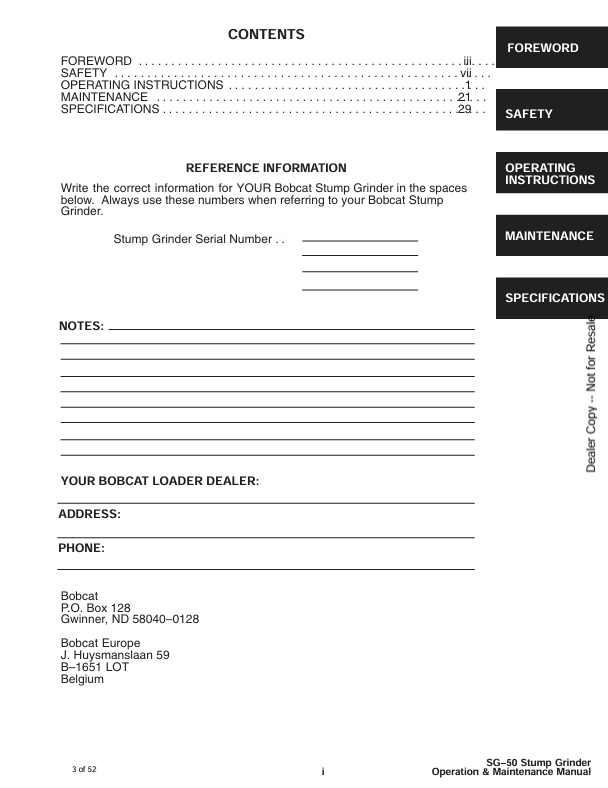 BOBCAT SG-50 STUMP GRINDER (6722988) OPERATION AND MAINTENANCE MANUAL PDF FILE